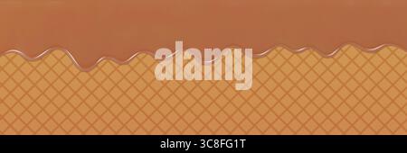Karamell tropft über einer gemusterten Waffelstruktur. Hintergrund mit Milchschokolade Eis Waffel Kegel 3D Vektor Hintergrund für Bäckerei, kulinarische, Dessert oder Stock Vektor