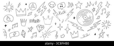 Handgezeichnete Kritzeleien von Musiksymbolen, Kronen, Sternen, Blitzschlägen und geometrischen Formen, er weckt Kreativität, Spaß und eine künstlerische Atmosphäre in einem Black-an Stock Vektor
