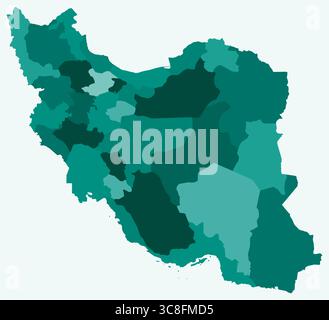 Karte von Iran mit Regionen. Nur eine einfache Ländergrenzkarte mit regionaler Aufteilung. Farbpalette Petrol. Stock Vektor