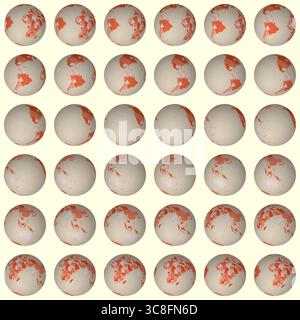 Sammlung von Globen. Geneigte Kugelansicht. Rotationsschritt 10 Grad. Farbige Länder. Weltkarte mit Rasterlinien auf hellem Hintergrund. Stock Vektor