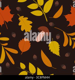 Nahtloses Herbstmuster mit bunten Herbstblättern, Eicheln und Pilzen auf dunklem Hintergrund Stock Vektor