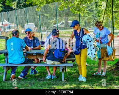 Gruppe älterer Freunde und Paare, die am Picknicktisch trinken und plaudern - Paulmy, Indre-et-Loire (37), Frankreich. Stockfoto