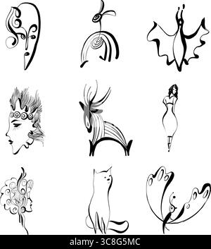 Fesselnde Mischung: Schmetterlinge und Hände im zeitgenössischen Märchenstil. Angereichert mit Kalligraphischen Markierungen, Women Designers Essence, abstrakte Katzen, PE Stock Vektor