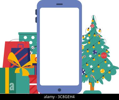 Vorlage für das Weihnachtsbanner für Neujahr. Smartphone mit weißem Raum auf dem Bildschirm, Weihnachtsdekoration Baum und Stapel von Geschenkboxen und Taschen, Vektordesign Stock Vektor