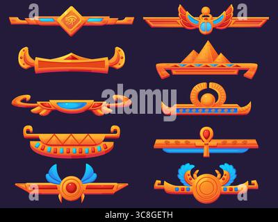 Spielgrenzen im ägyptischen Stil. Alte ägyptische goldene Rahmenelemente, metallische Trennwände mit Flügeln, ägyptisches Kreuz, Edelsteine. Spiele heutzutage Vektor Stock Vektor