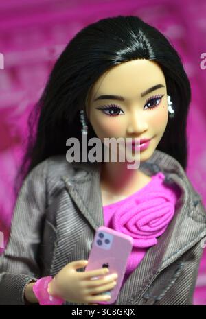 Asiatische Barbie Puppe in Pink mit einem pinkfarbenen Handy - Barbie Deluxe Fashion Puppe Original Mattel Asian NEW 2024 Looks Stockfoto