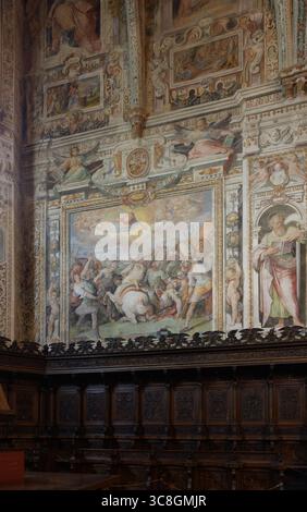 Fresko der Konversion des heiligen Paulus von Giovanni Battista Lombardelli in der Basilika San Pietro (Basilica di San Pietro), Perugia, Umbrien, Italien Stockfoto