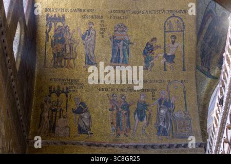 Mosaiken des Martyriums und der Mission des Heiligen Bartholomäus in der Markusbasilika (Basilica di San Marco), Venedig, Italien, geschaffen vom mittelalterlichen VE Stockfoto