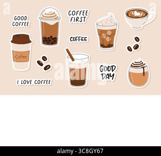 Handgezeichnete Kaffeekunst. Trendig. Kaffeetassen-Sammlung. Design für Poster, Aufkleber, Karten Stock Vektor