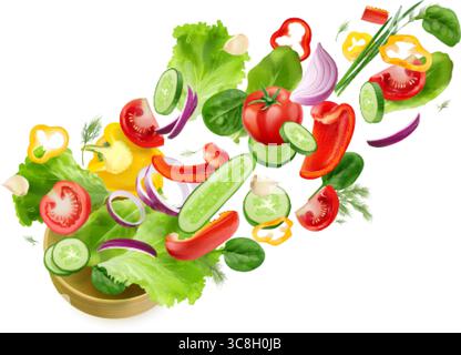 Realistische Salatzutaten. 3D Gemüse Luft fliegen, fallende Scheiben frische Gemüse Explosion Tomaten Gurke Zwiebeln fliegen Schnitt kochen vegetarische Nahrung, genaue Vektor Illustration Original Kunstwerk Stock Vektor