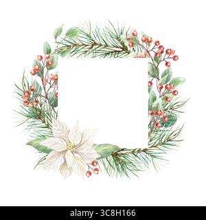 Weihnachtsrahmen mit weißer Weihnachtsstern, Tannenzweigen, Kegel, roten Beerenzweigen, EukalyptusAquarellillustration isoliert. Handgezeichnetes Pastell ne Stockfoto