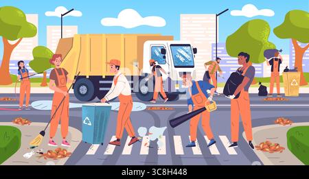 Hausmeister saubere Straße. Stadtreiniger Team kommunale Arbeiter mit Kehrmaschine Reinigung Straße sammeln Müll in Mülltonne für Entsorgung, Stadtreinigung Service Klasse Vektor Illustration Original Kunstwerk Stock Vektor