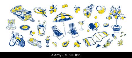 Set mit Doodle Sommer Essentials. Capri, Italien, Frankreich, Positano, Amalfi Urlaub. Blauer und gelber Zitronenhintergrund. Frauen-Junggesellinnenabschied mit Cha Stock Vektor