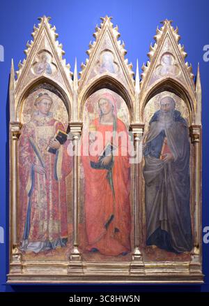 Triptychon mit dem Heiligen Stephan, der Heiligen Maria Magdalena und dem Heiligen Antonius Abt von Martino di Bartolomeo, 1408, Gold und Tempera auf Platte, Italien. Stockfoto