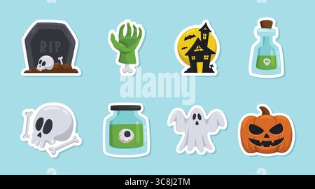 Halloween Element Sticker Set Kollektion. Halloween Clip Art Pack mit Grabstein, Schädel, Kürbis, Geist und Spukhaus Stock Vektor