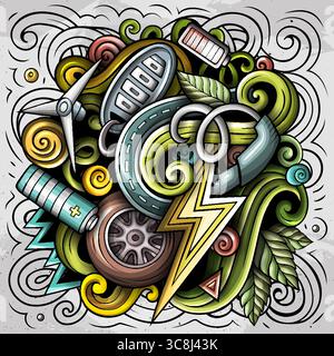 Vektorillustration von Elektrofahrzeugen, Öko-Energie, Ladestationen und grüner Technologie in einem lebendigen Doodle-Stil Stock Vektor