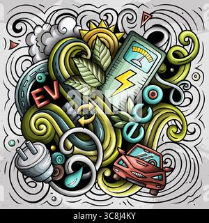 Vektorillustration von Elektrofahrzeugen, Öko-Energie, Ladestationen und grüner Technologie in einem lebendigen Doodle-Stil Stock Vektor