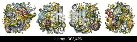 Elektrofahrzeuge Cartoon Vektor Kritzelentwürfe Set. Farbenfrohe, detailreiche Kompositionen mit vielen EV-Objekten und Symbolen Stock Vektor