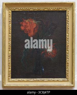 Ein stilllebendes Gemälde von drei roten Tulpen in einer Glasvase, geschaffen von Andrea Scacciati. Ausgestellt im Museo della Natura Morta, Poggio a Caiano, IT Stockfoto