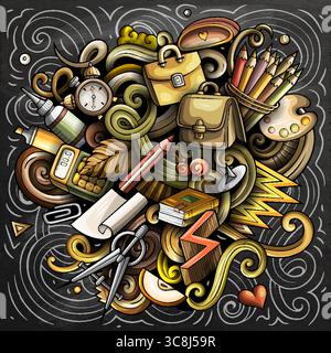 Vektor-Tafel-Illustration von Schul- und Bildungsgegenständen, Materialien, Büchern und Lernelementen im Doodle-Stil. Stock Vektor