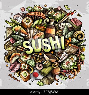 Sushi-Vektor-Illustration mit Rollen, Nigiri, Essstäbchen, Sojasauce, Reis, Fisch und japanische Elemente. Perfekt für Essen, Restaurant, asiatische Küche und Stock Vektor