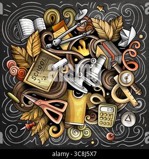 Vektor-Tafel-Illustration von Schul- und Bildungsgegenständen, Materialien, Büchern und Lernelementen im Doodle-Stil. Stock Vektor