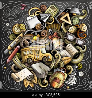 Vektor-Tafel-Illustration von Schul- und Bildungsgegenständen, Materialien, Büchern und Lernelementen im Doodle-Stil. Stock Vektor