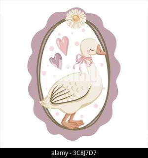 Niedliches Vintage-Gänsedesign mit Schleife und Herz auf welligem Hintergrund. Weiß und violett in einem romantischen Coquette Cottagecore-Stil. Ideal zur Begrüßung Stock Vektor