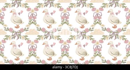 Nahtloses Gänsemuster mit Blumenmuster und rosa Schleife und Herz. Coquette-Design mit Nelke und Gänseblümchen. Pastellfarbener Hintergrund für Textilien und Stock Vektor