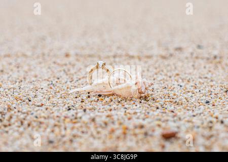 Nahaufnahme von Eheringen auf dem Sand. Interaktion, Hintergrund mit Platz für Text. Hochzeitsdetails im maritimen Thema Stockfoto
