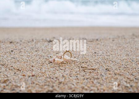 Makro, Hochzeitsgoldringe auf dem Sand. Romantisches Angebot an einem tropischen Strand. Hintergrund mit Platz für eine Inschrift Stockfoto