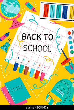 Farbenfrohe Vorräte für die Schule auf Gelb. Pädagogisches Poster mit Büchern, Bleistiften und lebendigen Schulartikeln. Ideal für Schulprofis Stock Vektor