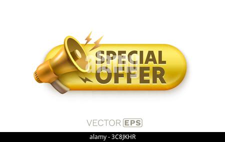Goldenes Sonderangebot, Megaphon-Nachrichtenaufkleber. Vektor Stock Vektor