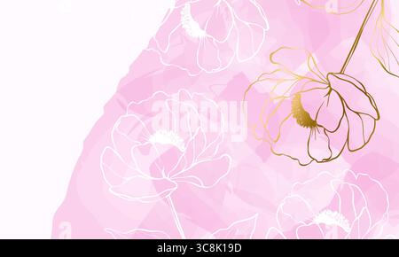 Aquarellhintergrund mit Pfingstrosenblüten. Pinkfarbene Farbspritzer auf weißem Hintergrund mit Kopierraum. Vorlage für horizontales Banner. Luxuriöser minimaler Stil Stock Vektor