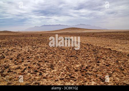 Namib: Schotterwüste südöstlich des Brandbergmassivs, Damaraland, Wolken während der Regenzeit, Erongo Region, Namibia Stockfoto