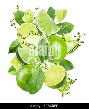 Frische Limetten und Spritzwasser in der Luft vor weißem Hintergrund Stockfoto