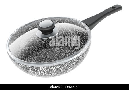 Granitpfanne mit Deckel, antihaftbeschichtete Steinpfanne. 3D-Rendering isoliert auf weißem Hintergrund Stockfoto
