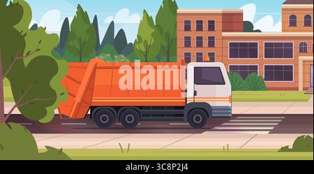 Orangener Müllwagen, der auf einer sauberen Stadtstraße fährt. Vertritt Umweltverantwortung, kommunale Dienstleistungen und effiziente Bewirtschaftung grüner Abfälle Stockfoto