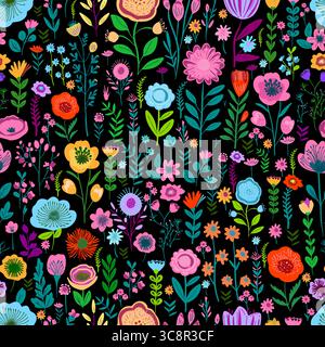 Gartenblume, Pflanzen, botanisches, nahtloses Muster Vektor-Design für Mode, Stoff, Tapete auf einem dunklen Hintergrund. Niedliches Muster in kleiner Blume Stock Vektor