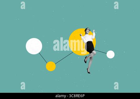 Vorlagenskizze Trendgrafik 3D-Fotocollage der jungen Geschäftsfrau Stand aufgeregt Smile Win Trade Analyse der Ziele Business Grafiken Stockfoto