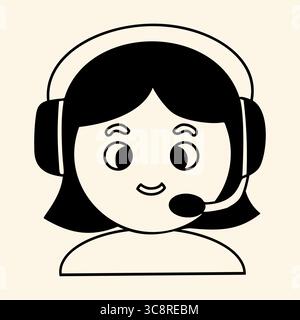 Customer Support Woman Avatar mit Headset. Vektorsymbol Doodle Chatbot, Assistent Roboter. Weibliche Servicemitarbeiterin, technischer Support. Handzeichnung Stock Vektor