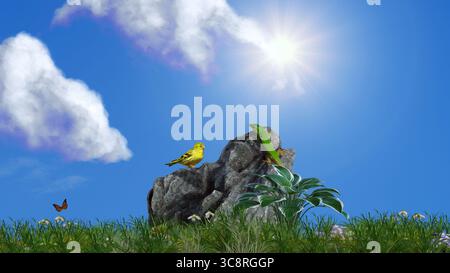 Abbildung einer natürlichen Szene mit einem kanarienvogel, einer grünen Eidechse auf einem Felsen und einem Schmetterling. Stockfoto