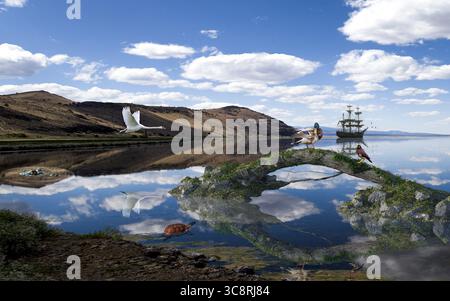 Illustration mit Tieren und einem Karabell in einer ruhigen Bucht. Stockfoto