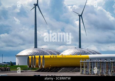 Der Seehafen von Eemshaven, Julianahaven Becken, hier lagern die Fundament-Strukturen, Monopiles, für Offshore-Windparks, die dann die eigentlichen Windräder tragen, mit großen Arbeitsschiffen werden die Bauteile zu den Windparks in der Nordsee transportiert und dort am Meeresboden verankert, darauf werden dann die Windenergieanlagen gebaut, Eemshaven, Niederlande, Windpark Logistik *** der Seehafen von Eemshaven, Julianahaven Basin, wo die Fundamentanlagen gespeichert werden. Die Komponenten werden zum W transportiert Stockfoto