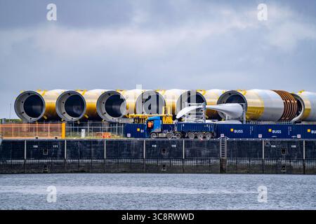 Der Seehafen von Eemshaven, Julianahaven Becken, hier lagern die Fundament-Strukturen, Monopiles, für Offshore-Windparks, die dann die eigentlichen Windräder tragen, mit großen Arbeitsschiffen werden die Bauteile zu den Windparks in der Nordsee transportiert und dort am Meeresboden verankert, darauf werden dann die Windenergieanlagen gebaut, Eemshaven, Niederlande, Windpark Logistik *** der Seehafen von Eemshaven, Julianahaven Basin, wo die Fundamentanlagen gespeichert werden. Die Komponenten werden zum W transportiert Stockfoto