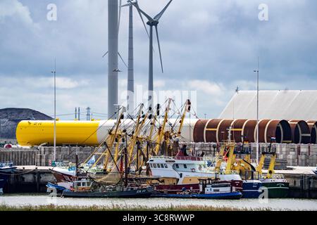 Der Seehafen von Eemshaven, Julianahaven Becken, hier lagern die Fundament-Strukturen, Monopiles, für Offshore-Windparks, die dann die eigentlichen Windräder tragen, mit großen Arbeitsschiffen werden die Bauteile zu den Windparks in der Nordsee transportiert und dort am Meeresboden verankert, darauf werden dann die Windenergieanlagen gebaut, Eemshaven, Niederlande, Windpark Logistik *** der Seehafen von Eemshaven, Julianahaven Basin, wo die Fundamentanlagen gespeichert werden. Die Komponenten werden zum W transportiert Stockfoto