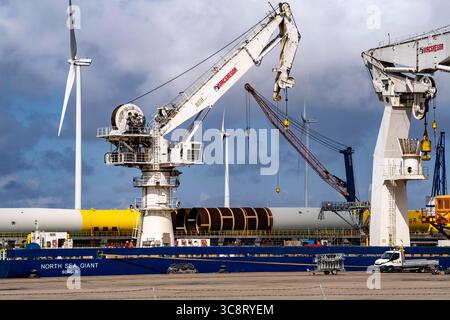 Der Seehafen von Eemshaven, Julianahaven Becken, hier lagern die Fundament-Strukturen, Monopiles, für Offshore-Windparks, die dann die eigentlichen Windräder tragen, mit großen Arbeitsschiffen werden die Bauteile zu den Windparks in der Nordsee transportiert und dort am Meeresboden verankert, darauf werden dann die Windenergieanlagen gebaut, Eemshaven, Niederlande, Windpark Logistik *** der Seehafen von Eemshaven, Julianahaven Basin, wo die Fundamentanlagen gespeichert werden. Die Komponenten werden zum W transportiert Stockfoto