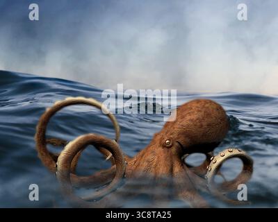 Illustration eines Oktopus auf der Meeresoberfläche. Stockfoto