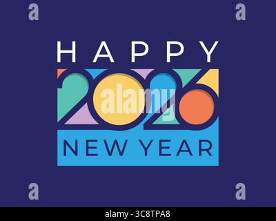 Happy New Year 2026 – kreatives buntes Zahlenlogo auf blauem Hintergrund. Vektorabbildung Stock Vektor