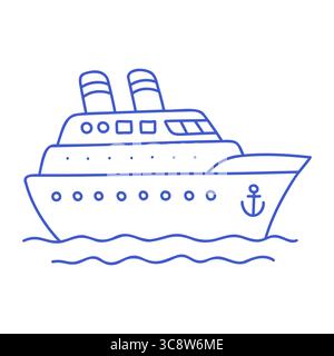 Kreuzfahrtschiff mit Schornsteinen im marineblauen Stil. Handgezeichnetes Marinesymbol. Isolierte Darstellung des Konturvektors. Stock Vektor